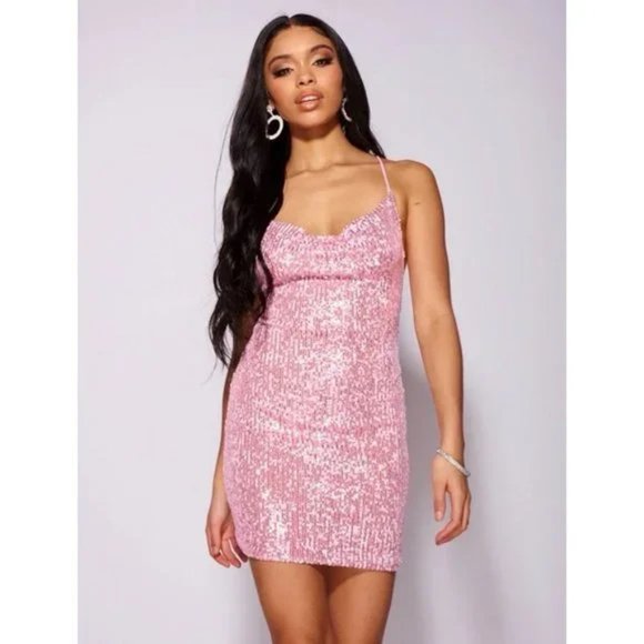 Pink Sequins Sleeveless Cowl Neck Open Back Backless Bodycon Mini Dress - Picture 16 of 16